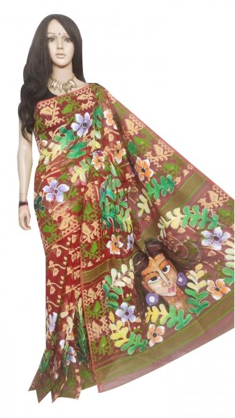 Multi colored hand painted full body work jamdani silk saree